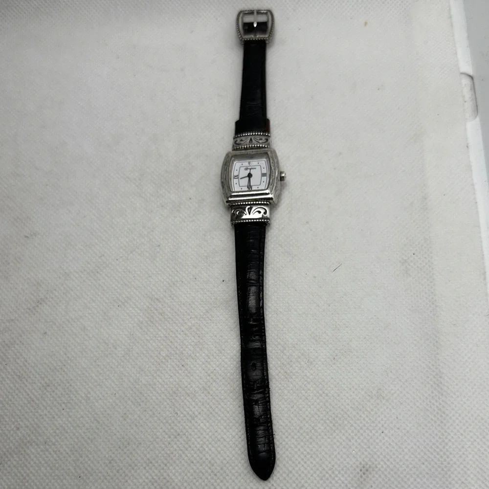 Brighton Silver Watch with Black Leather Strap
